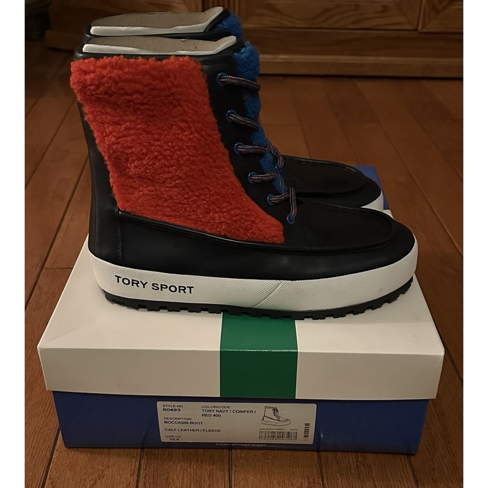 Tory Sport Moccasin Boots Women's 10.5 Navy Red Leather Fleece Lined Lace Up NIB